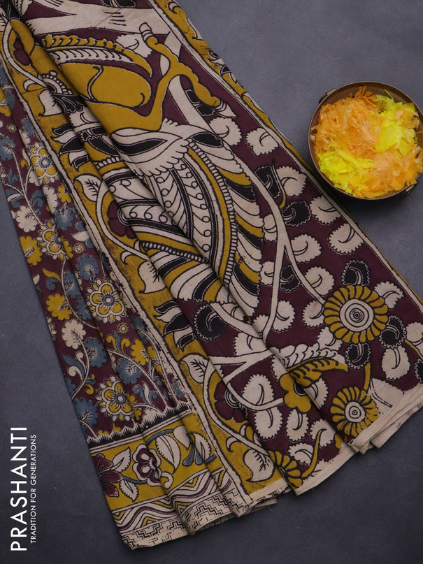 Kalamkari cotton saree wine shade and yellow with allover prints and printed border