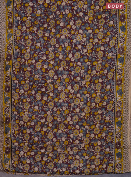 Kalamkari cotton saree wine shade and yellow with allover prints and printed border