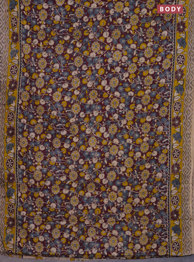 Kalamkari cotton saree wine shade and yellow with allover prints and printed border