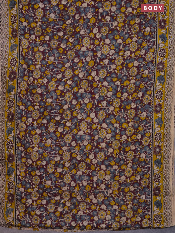 Kalamkari cotton saree wine shade and yellow with allover prints and printed border