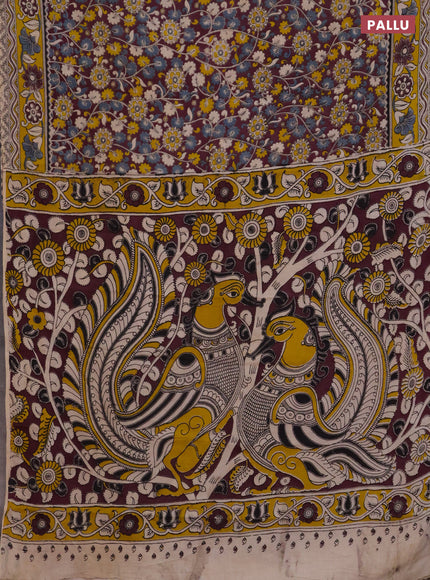 Kalamkari cotton saree wine shade and yellow with allover prints and printed border