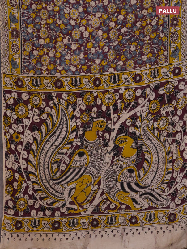 Kalamkari cotton saree wine shade and yellow with allover prints and printed border