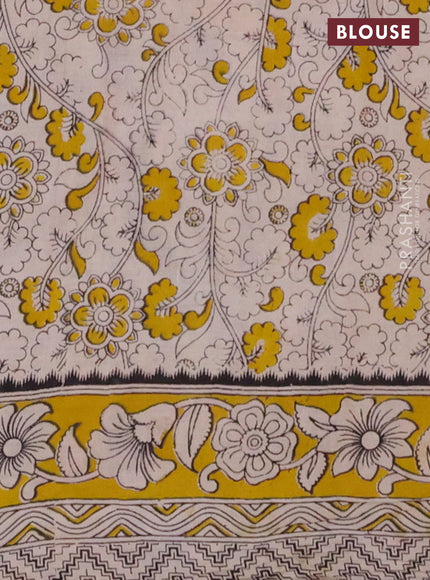 Kalamkari cotton saree wine shade and yellow with allover prints and printed border