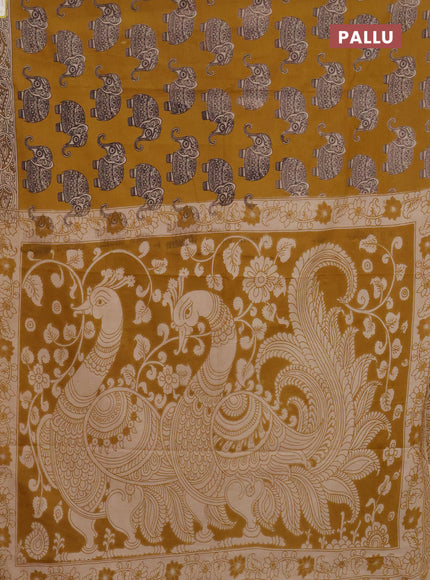 Kalamkari cotton saree dark mustard and beige with elephant butta prints and printed border