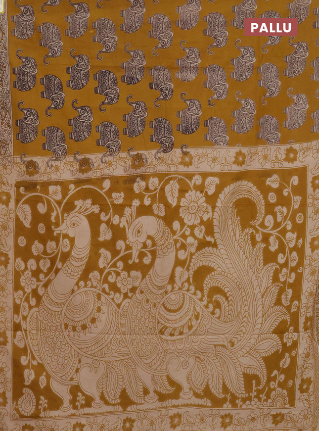 Kalamkari cotton saree dark mustard and beige with elephant butta prints and printed border