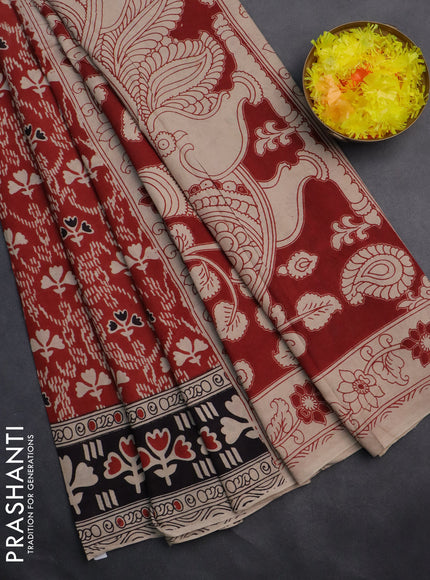 Kalamkari cotton saree red and black with allover prints and printed border