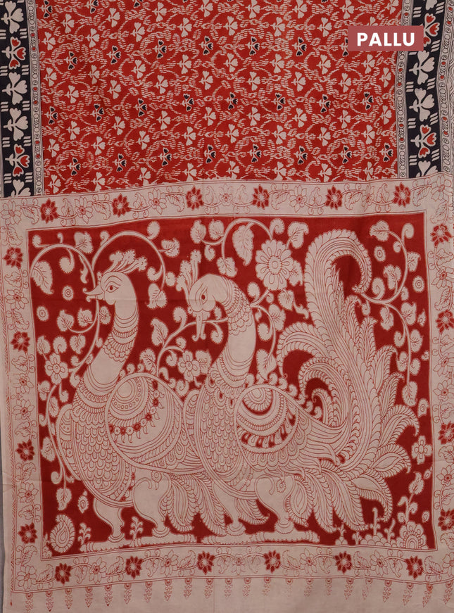 Kalamkari cotton saree red and black with allover prints and printed border