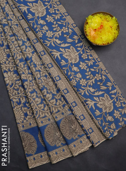 Kalamkari cotton saree blue and beige with allover prints and printed border
