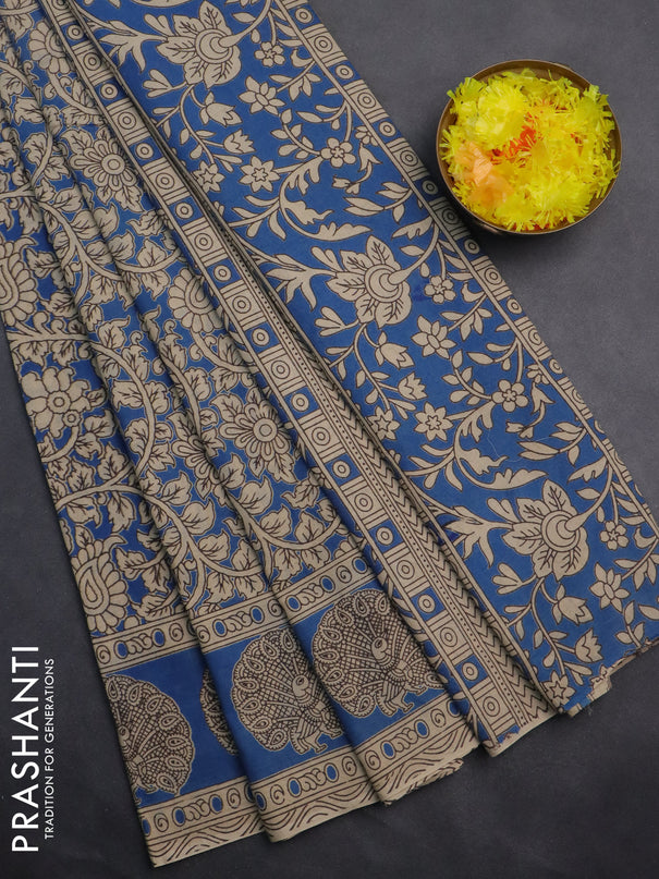 Kalamkari cotton saree blue and beige with allover prints and printed border