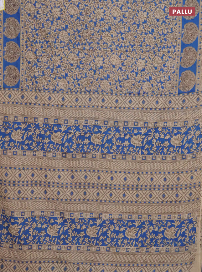 Kalamkari cotton saree blue and beige with allover prints and printed border