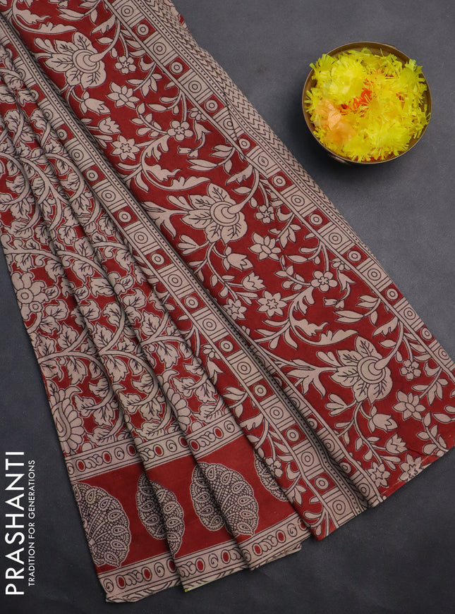 Kalamkari cotton saree maroon and beige with allover prints and printed border