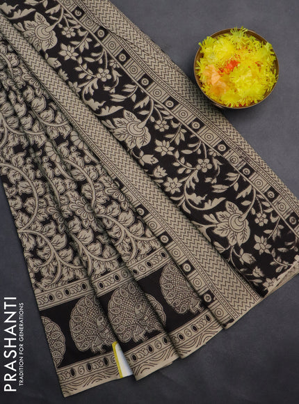 Kalamkari cotton saree black and beige with allover prints and printed border