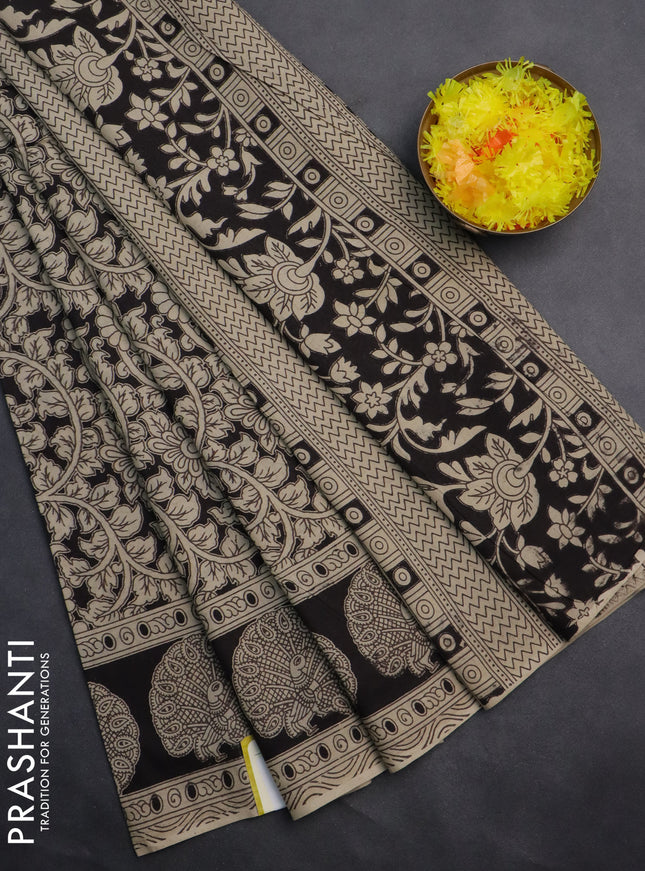 Kalamkari cotton saree black and beige with allover prints and printed border