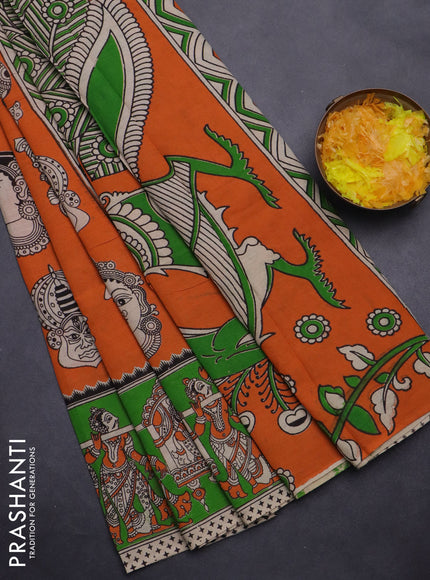 Kalamkari cotton saree orange and light green with allover butta prints and printed border