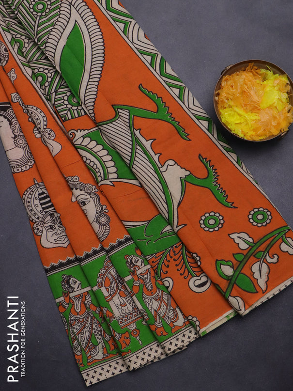 Kalamkari cotton saree orange and light green with allover butta prints and printed border