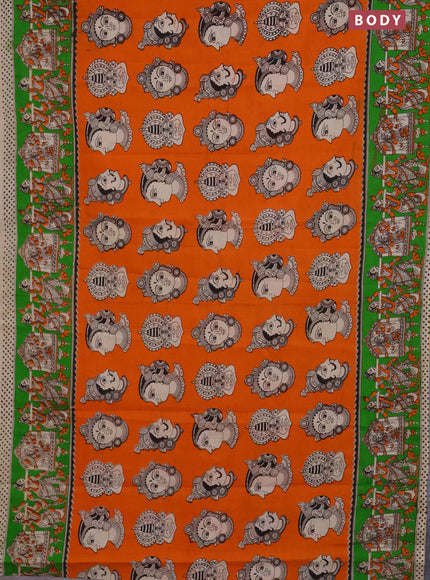 Kalamkari cotton saree orange and light green with allover butta prints and printed border