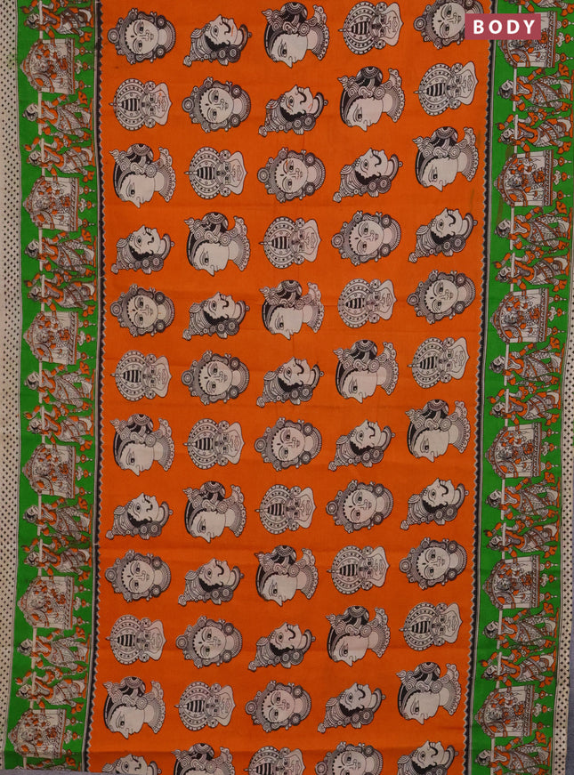 Kalamkari cotton saree orange and light green with allover butta prints and printed border