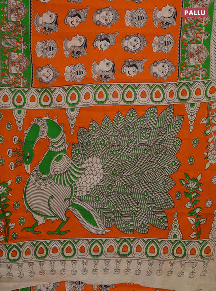 Kalamkari cotton saree orange and light green with allover butta prints and printed border