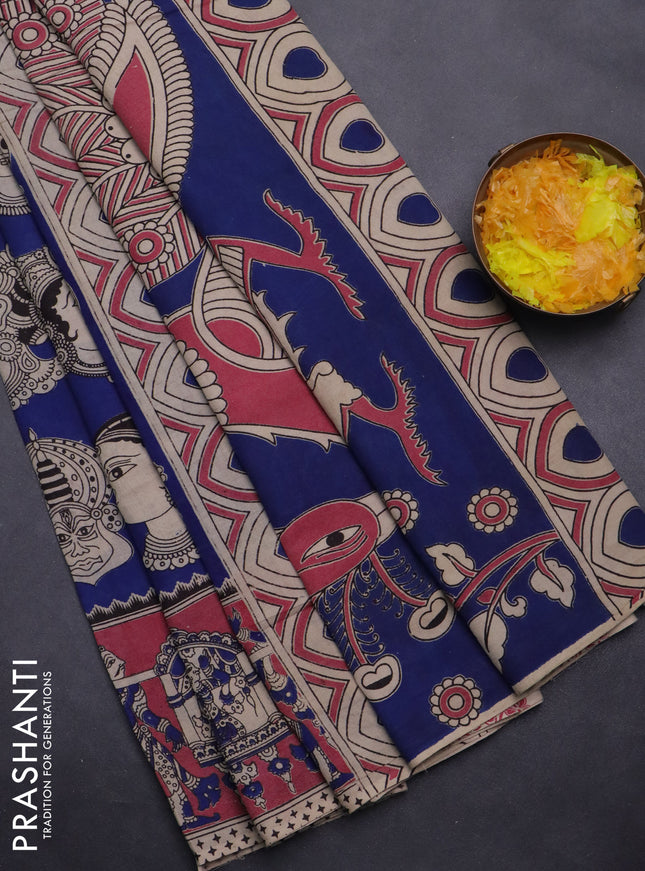 Kalamkari cotton saree blue and pink with allover butta prints and printed border