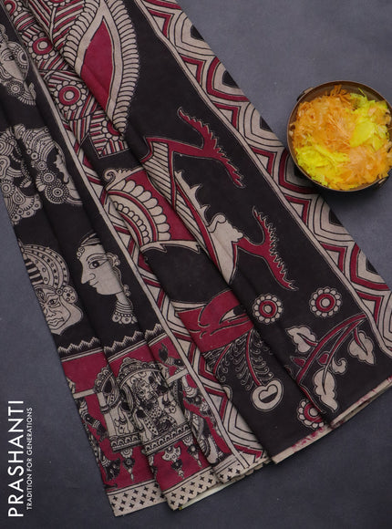 Kalamkari cotton saree black and dark pink with allover butta prints and printed border