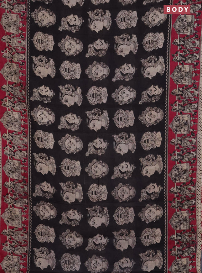 Kalamkari cotton saree black and dark pink with allover butta prints and printed border