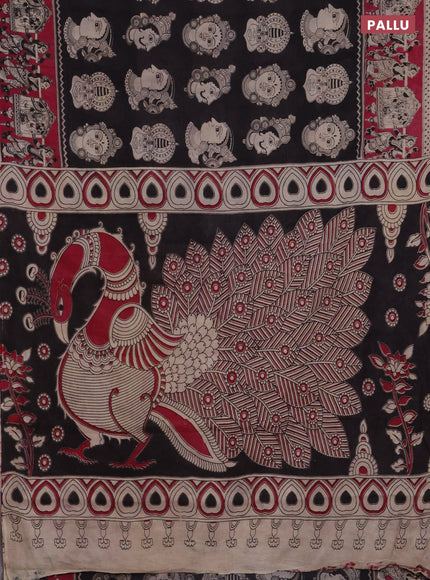 Kalamkari cotton saree black and dark pink with allover butta prints and printed border
