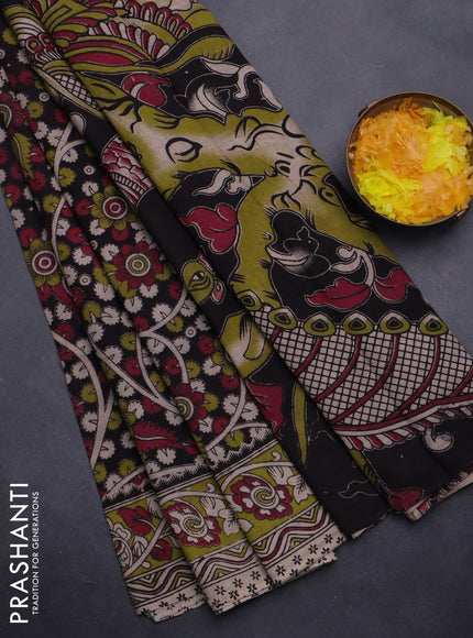 Kalamkari cotton saree black and light green with allover prints and printed border