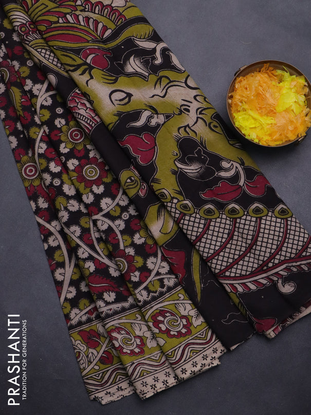 Kalamkari cotton saree black and light green with allover prints and printed border