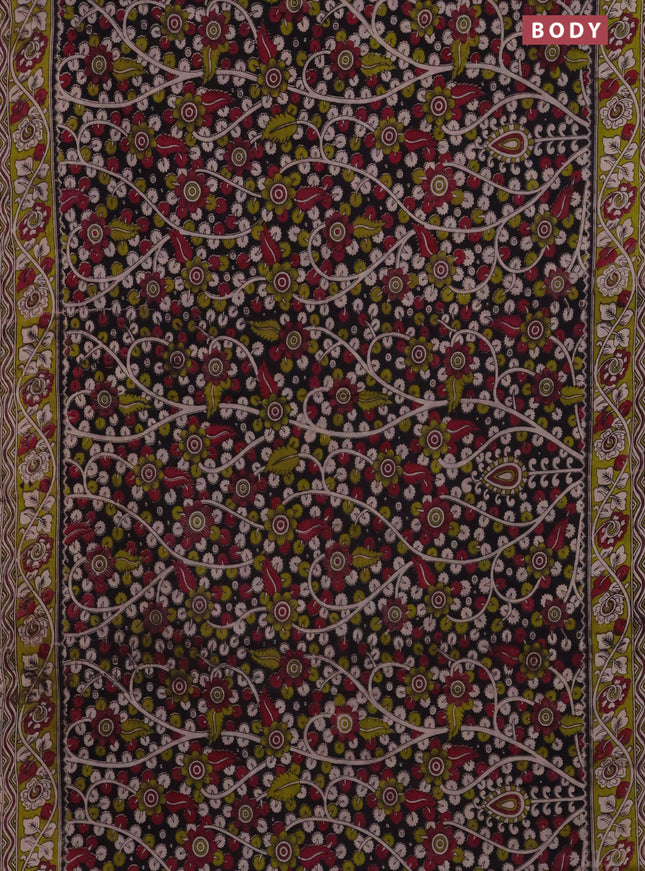 Kalamkari cotton saree black and light green with allover prints and printed border