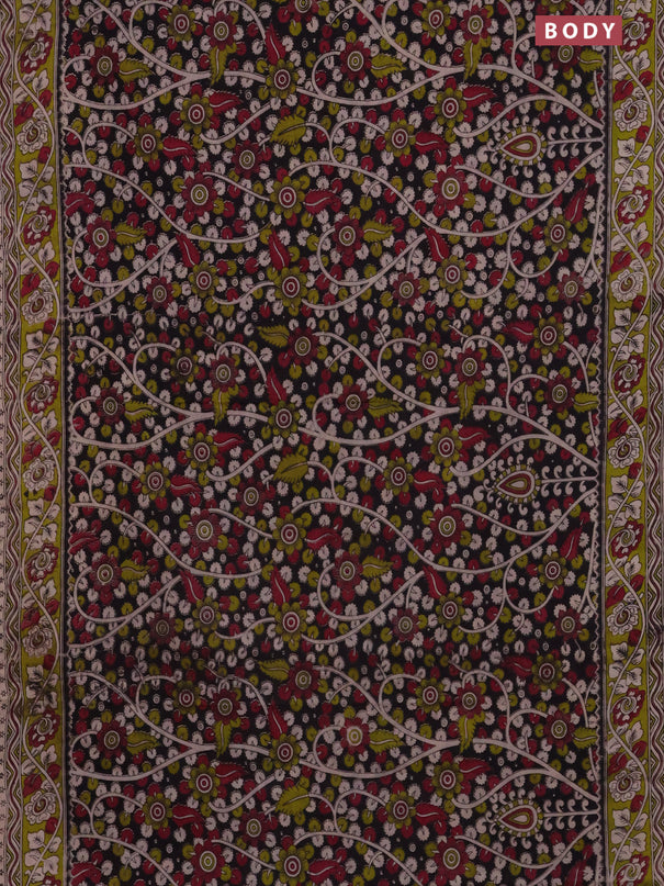 Kalamkari cotton saree black and light green with allover prints and printed border