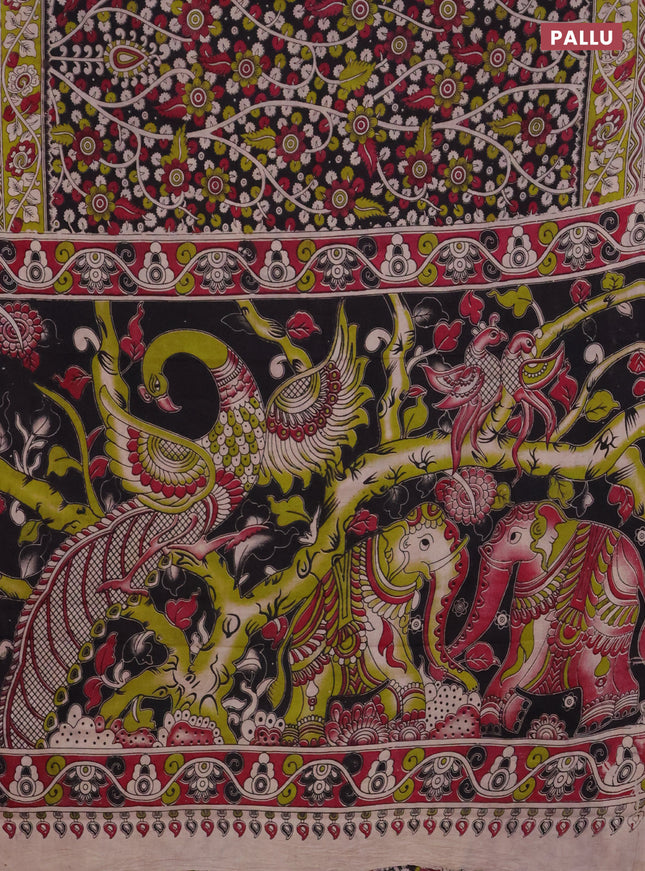 Kalamkari cotton saree black and light green with allover prints and printed border