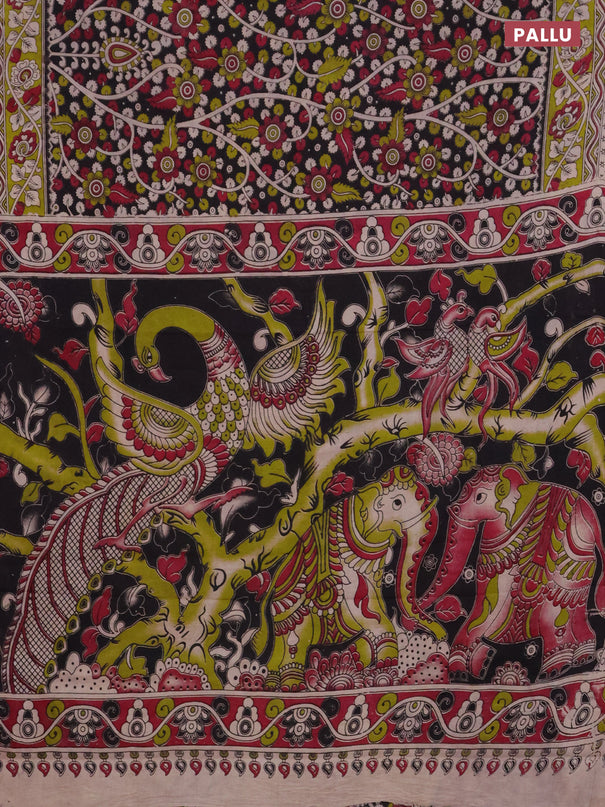 Kalamkari cotton saree black and light green with allover prints and printed border