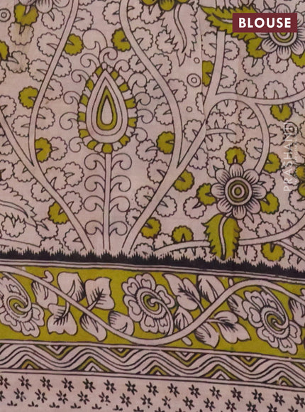 Kalamkari cotton saree black and light green with allover prints and printed border