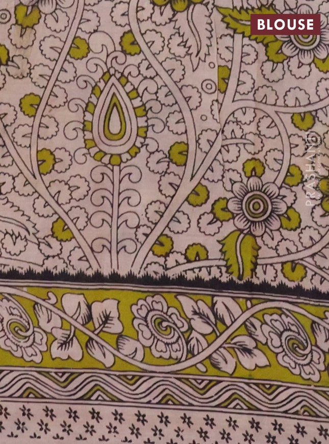 Kalamkari cotton saree black and light green with allover prints and printed border