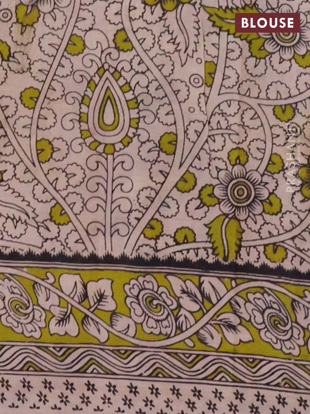 Kalamkari cotton saree black and light green with allover prints and printed border