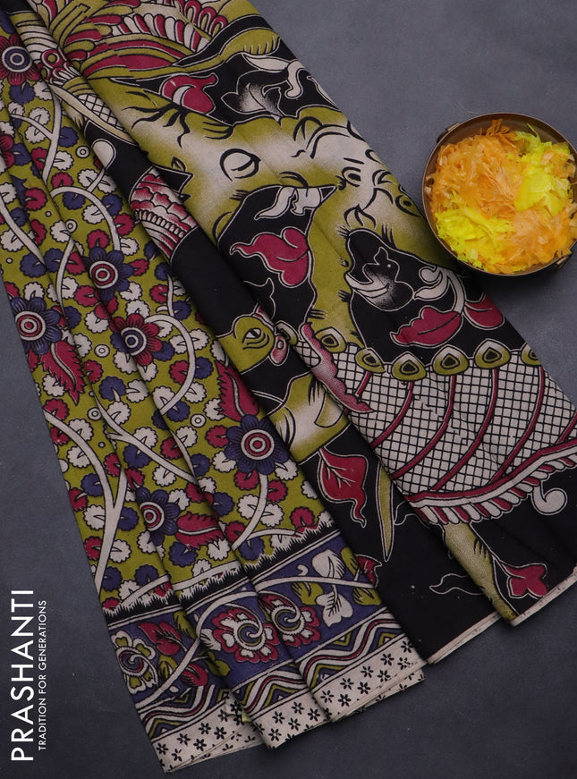 Kalamkari cotton saree light green and blue shade with allover prints and printed border