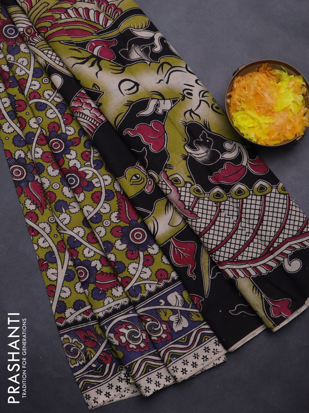 Kalamkari cotton saree light green and blue shade with allover prints and printed border