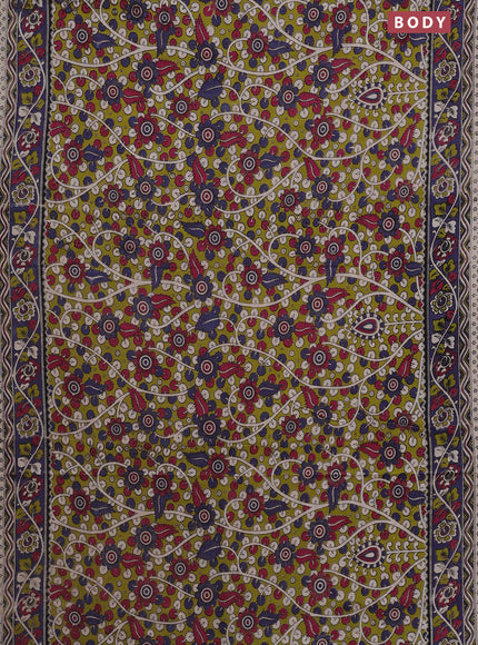 Kalamkari cotton saree light green and blue shade with allover prints and printed border