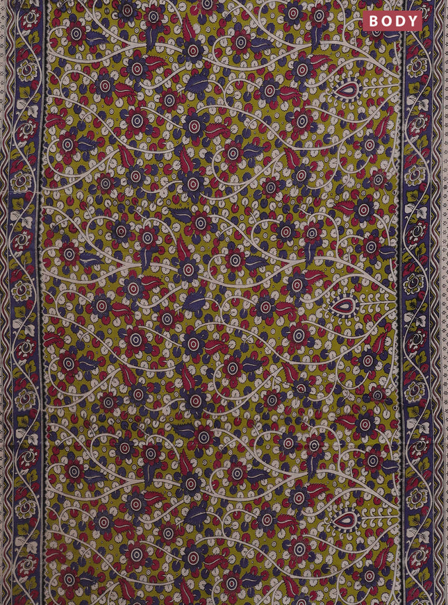 Kalamkari cotton saree light green and blue shade with allover prints and printed border