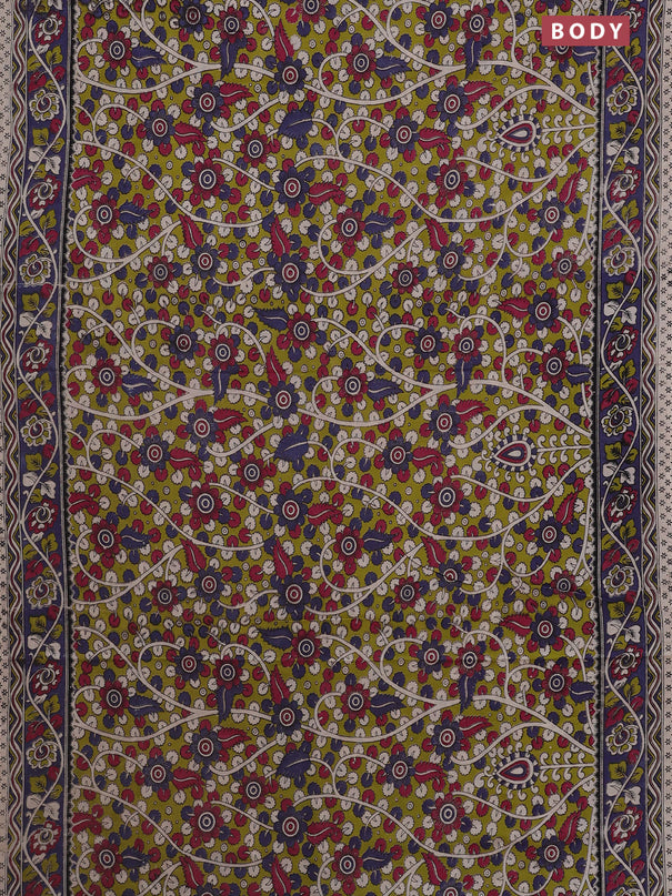 Kalamkari cotton saree light green and blue shade with allover prints and printed border