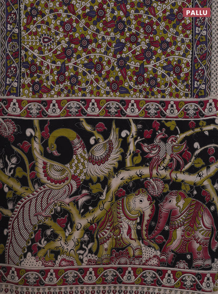 Kalamkari cotton saree light green and blue shade with allover prints and printed border