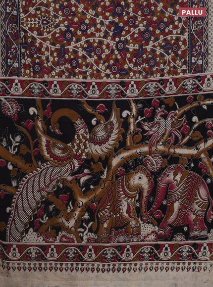 Kalamkari cotton saree dark mustard and blue shade with allover prints and printed border