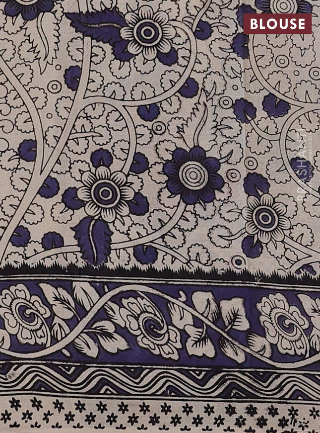 Kalamkari cotton saree dark mustard and blue shade with allover prints and printed border