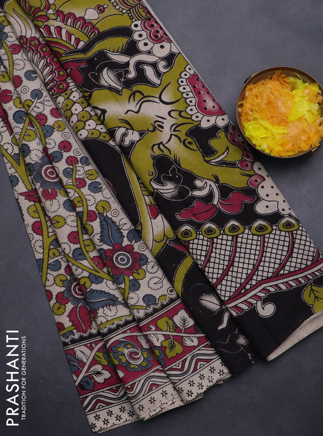 Kalamkari cotton saree beige and dark magenta pink with allover prints and printed border