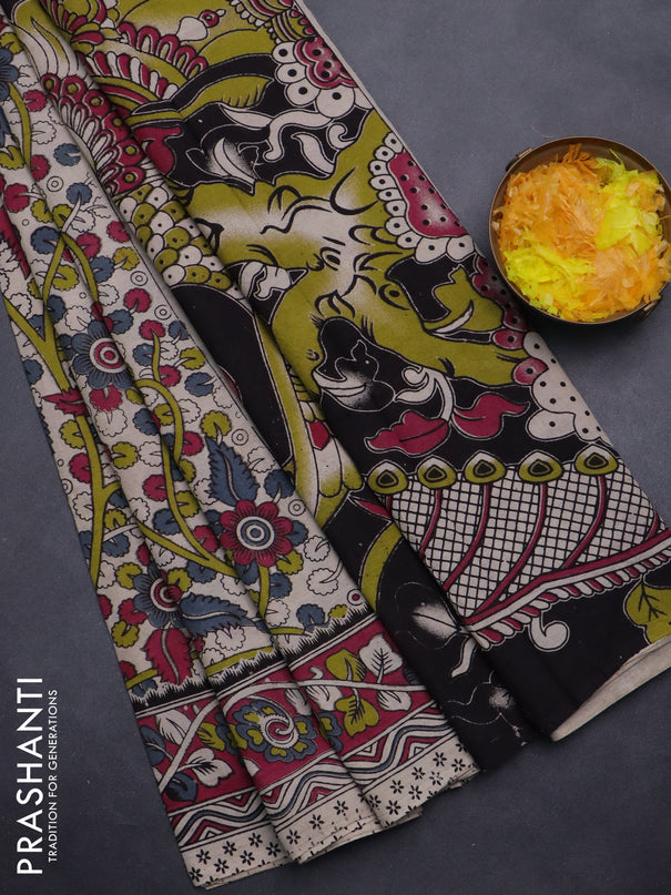 Kalamkari cotton saree beige and dark magenta pink with allover prints and printed border