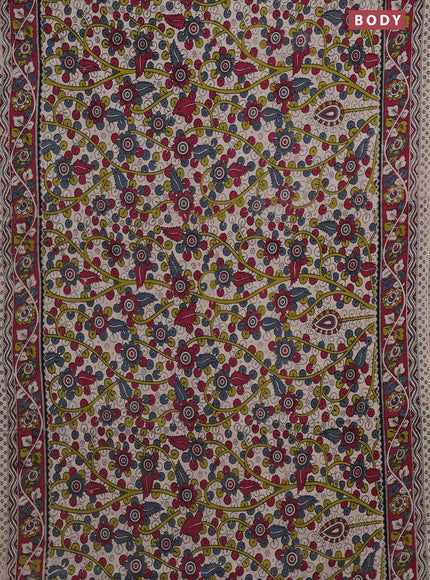 Kalamkari cotton saree beige and dark magenta pink with allover prints and printed border