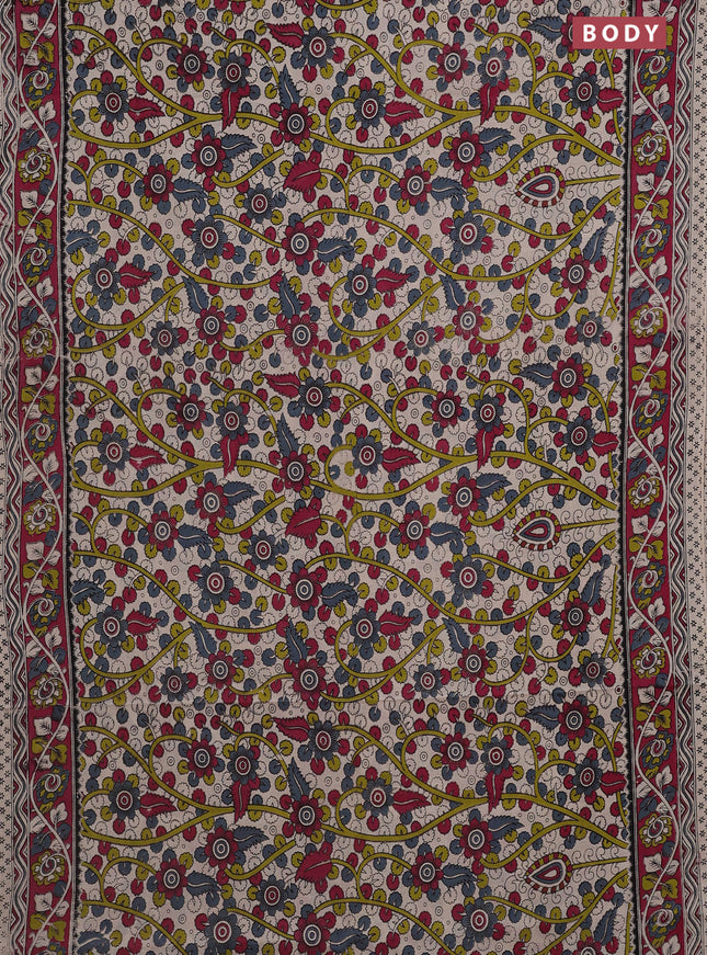 Kalamkari cotton saree beige and dark magenta pink with allover prints and printed border
