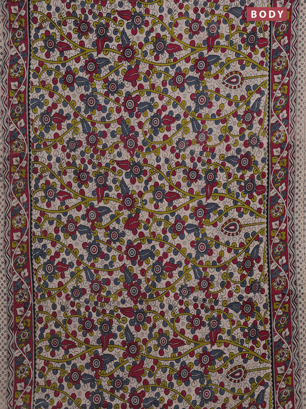 Kalamkari cotton saree beige and dark magenta pink with allover prints and printed border