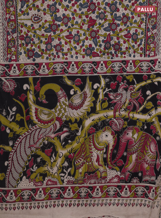Kalamkari cotton saree beige and dark magenta pink with allover prints and printed border