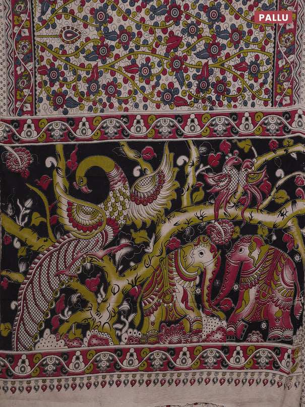 Kalamkari cotton saree beige and dark magenta pink with allover prints and printed border